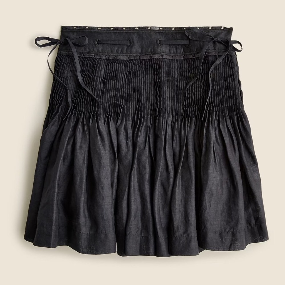J Crew Womens Black Ramie Pintuck Pleated Mini Skirt w/ Side Tie & Eyelet Trim